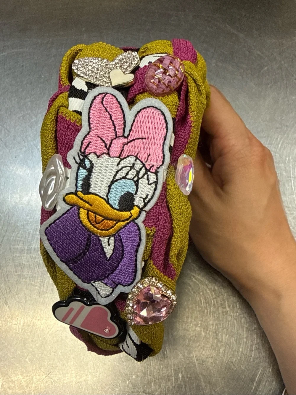 Daisy Character Embroidered Pink & Purple Headband with Olive Trim